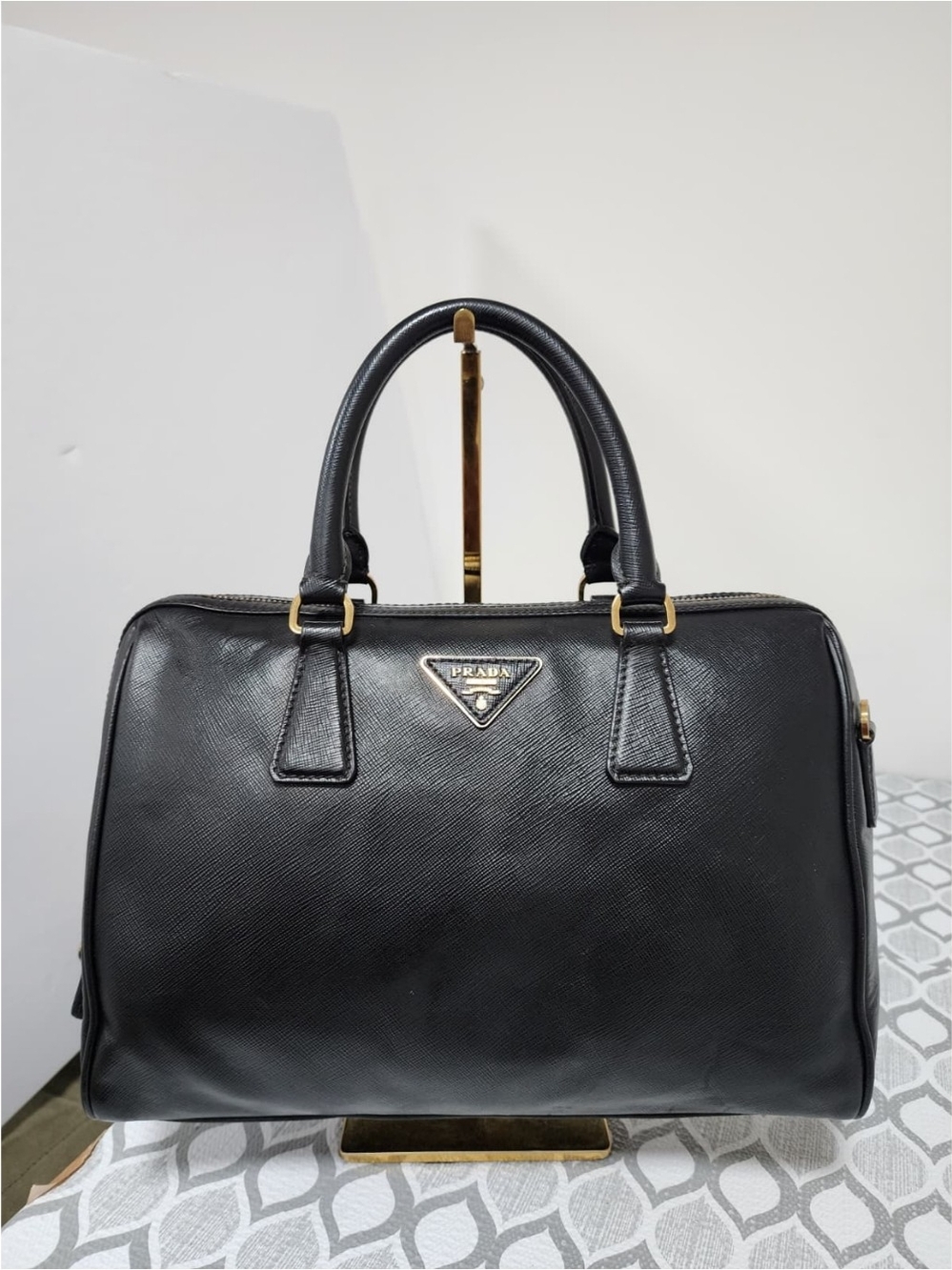 Prada Saffiano Leather Convertible Bowler Bag Black